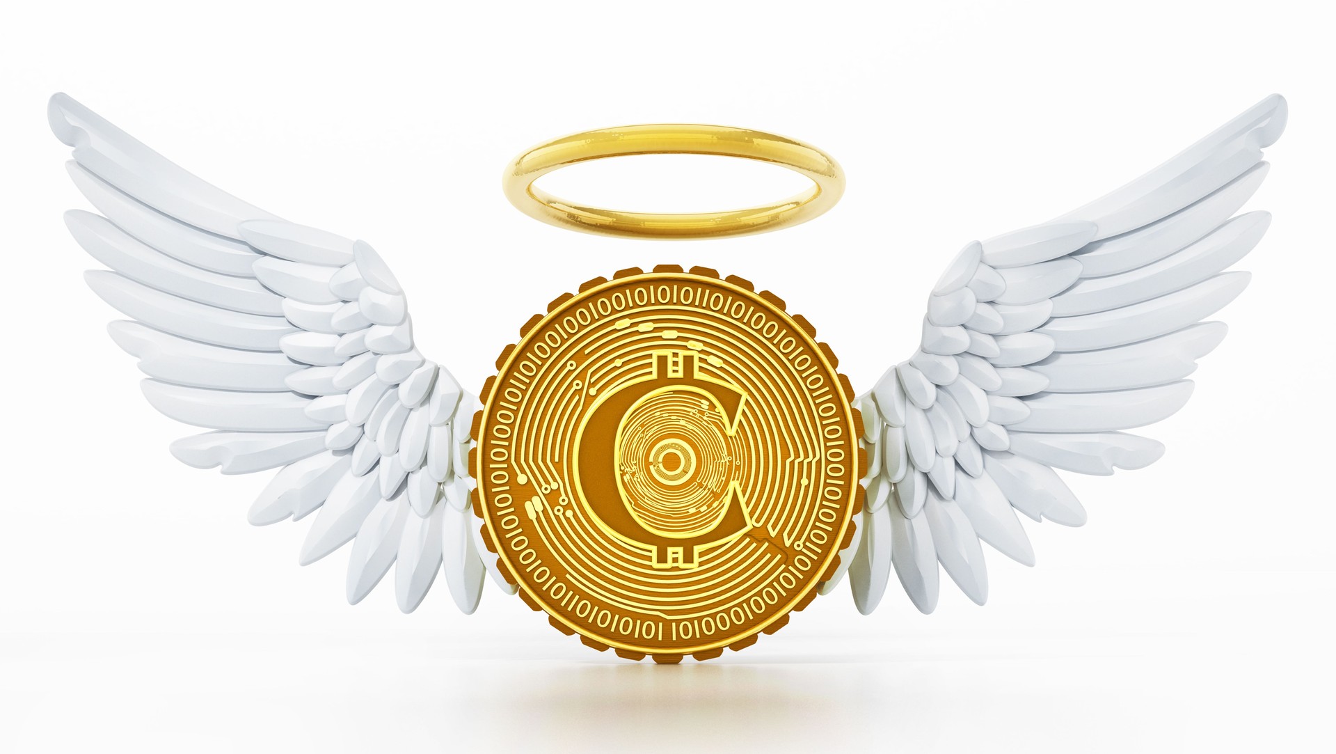 Generic crypto currency coin with angel wings and halo isolated on white